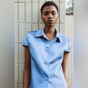 NWT NEW ZARA Satin Blue Boxy S/S Button Down Shirt with Notched Collar Medium
